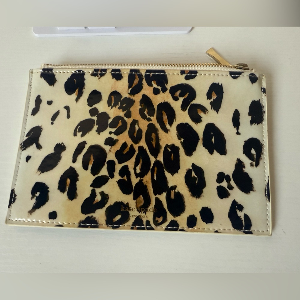 kate spade Leopard Print Zip Card Wallet in Cream, Black & Brown